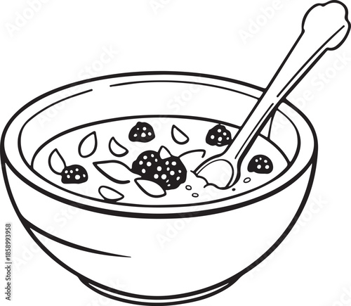 Simple black and white drawing of cereal or oatmeal bowl with berries and spoon