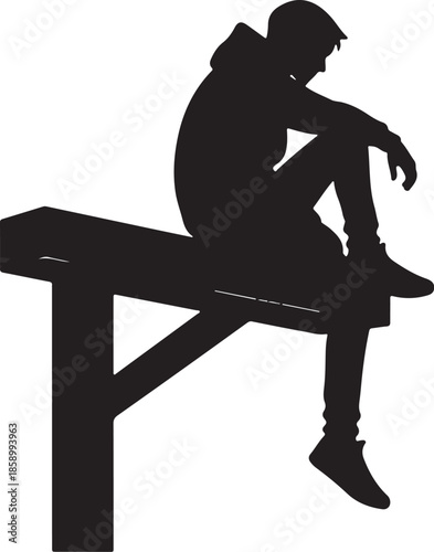 Depressed male silhouette sitting on bench isolated white background.