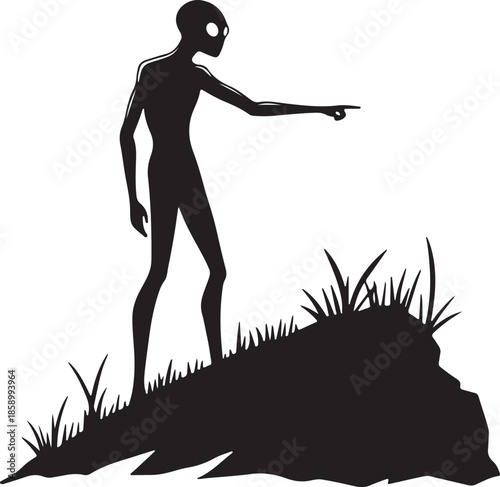 Grey Alien Silhouette Standing and Pointing on Ground against White Background
