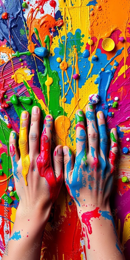 Obraz premium Hands covered in paint enthusiastically creating a vibrant masterpiece, kid, project