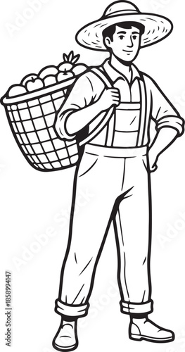 Happy Farmer with Harvest Basket of Fruit - Black and White Illustration