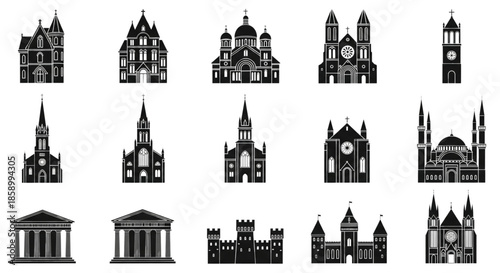 Diverse Architecture Icons: Churches, Mosques, Temples for Faith, Travel, Real Estate Design