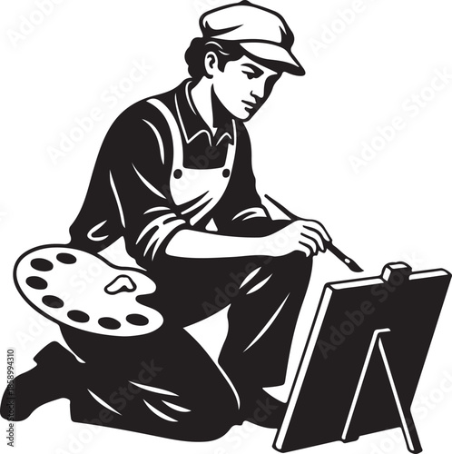 Retro style woodcut of male painter kneeling with easel and palette