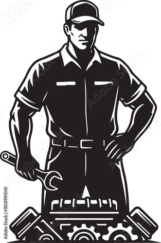 Auto Mechanic Worker Holding Wrench and Engine Parts Silhouette Logo Design