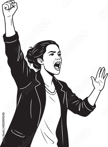 Woman Activist Shouting and Raising Fist in Protest or Triumph Vector Art