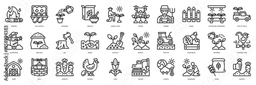 Agriculture icon collection line style. Containing Bonfire, Egg Carton, Watering, Cereals, Agriculture, Drone, Farmer