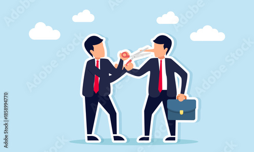 Businessman tries to cut another businessmans long nose with scissors symbolizing prevention of cheating fraud and corruption in business