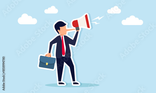 Businessman with a long nose spreads news using a megaphone illustration of influence and manipulation in business fraud