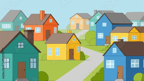Colorful houses in a suburban neighborhood illustration.