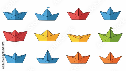 Colorful Paper Boats Collection Isolated on White Background.