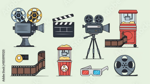Collection of vintage movie making and cinema equipment icons.