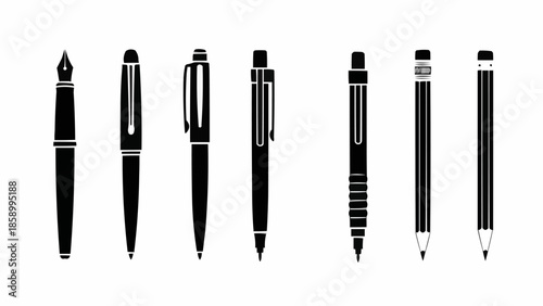 Collection of writing instruments including pens and pencils.