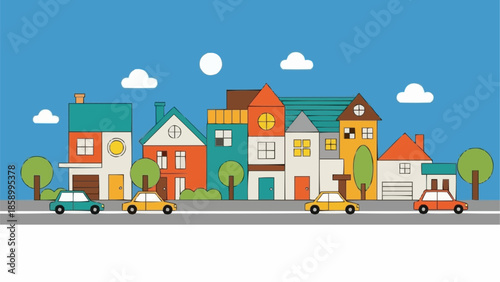 Colorful cartoon houses and cars on a street.