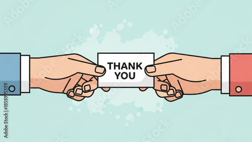 Two hands exchanging a Thank You card representing gratitude and appreciation in business or personal interactions flat vector illustration