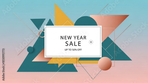 A vibrant graphic advertisement for a New Year sale, featuring geometric shapes and a bold discount announcement