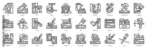 Carpenter Element icon collection line style. Containing Paint, Handsaw, Drill, Clamp, Wood House, Wood, Blueprint, Maintenance, Wooden Plank