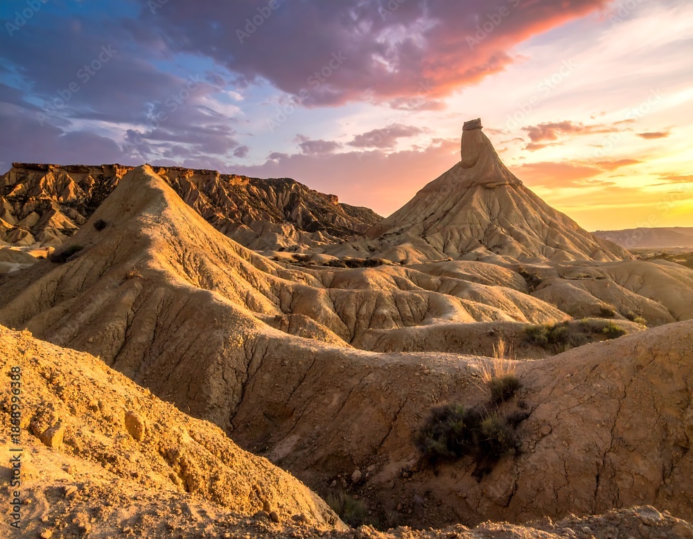 Naklejka premium Majestic desert landscape at sunset, featuring rock formations