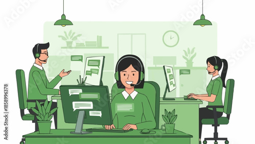 Customer service representatives working in a call center environment.