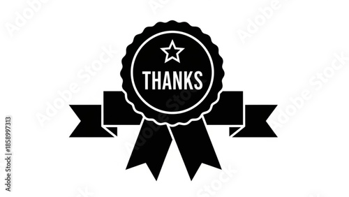 Black and white ribbon award with Thanks text a simple vector illustration for appreciation and recognition isolated on a white background