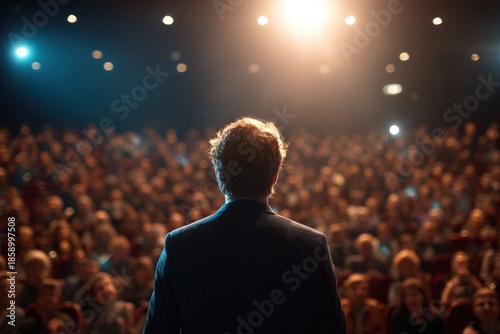 Man in a suit standing confidently on stage in front of a large audience.