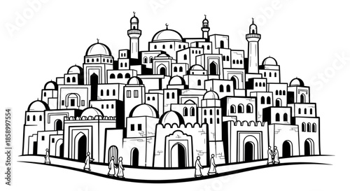 Ancient Middle Eastern City Illustration with Traditional Architecture and Bustling Street for Travel and Cultural Heritage Design