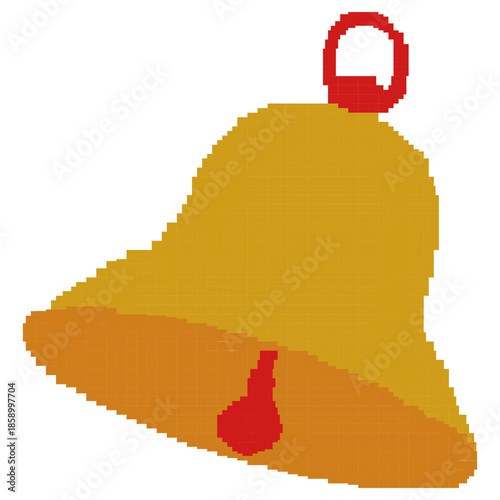 Pixel art Christmas bell in a cute and simple 8-bit style. Golden bell with red accent, designed with a retro pixel look. Perfect for holiday decorations, digital stickers, posters, greeting cards