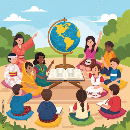 Diverse group of children gathered around a globe in a serene outdoor setting
