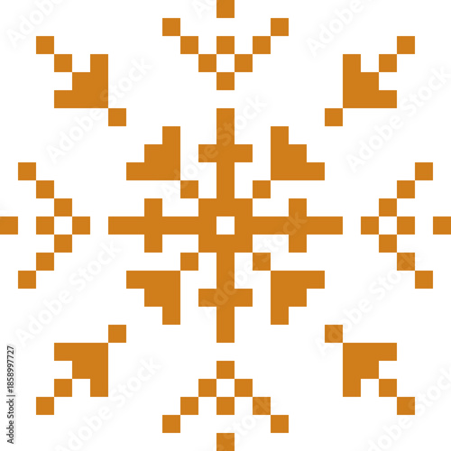Cute pixel art snowflake pattern on transparent background. Decorative geometric winter design with a retro 8-bit style. Perfect for Christmas and winter backgrounds, digital paper, posters