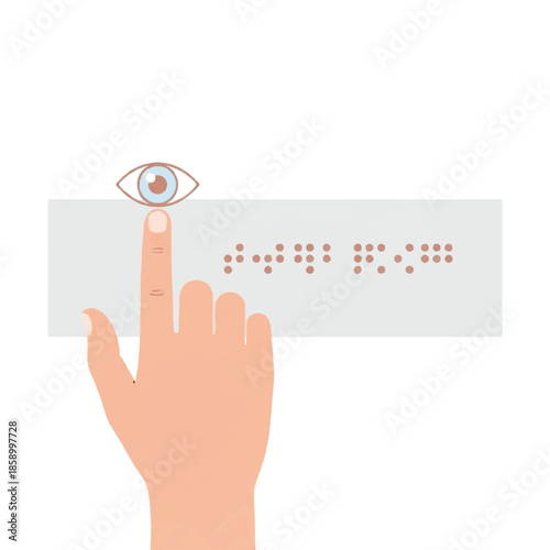 Hand reading Braille with finger on a sign with an eye symbol