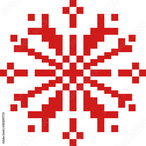 Cute pixel art snowflake pattern on transparent background. Decorative geometric winter design with a retro 8-bit style. Perfect for Christmas and winter backgrounds, digital paper, posters