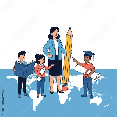 A teacher stands with students on a world map holding educational materials