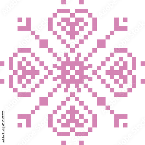 Cute pixel art snowflake pattern on transparent background. Decorative geometric winter design with a retro 8-bit style. Perfect for Christmas and winter backgrounds, digital paper, posters