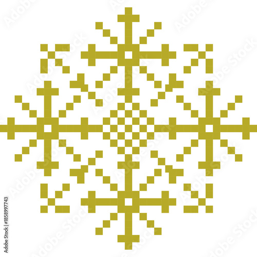 Cute pixel art snowflake pattern on transparent background. Decorative geometric winter design with a retro 8-bit style. Perfect for Christmas and winter backgrounds, digital paper, posters