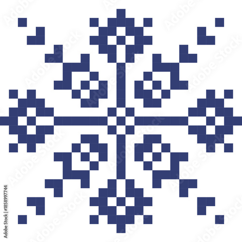 Cute pixel art snowflake pattern on transparent background. Decorative geometric winter design with a retro 8-bit style. Perfect for Christmas and winter backgrounds, digital paper, posters