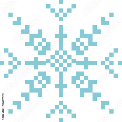 Cute pixel art snowflake pattern on transparent background. Decorative geometric winter design with a retro 8-bit style. Perfect for Christmas and winter backgrounds, digital paper, posters