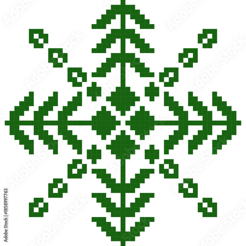 Cute pixel art snowflake pattern on transparent background. Decorative geometric winter design with a retro 8-bit style. Perfect for Christmas and winter backgrounds, digital paper, posters