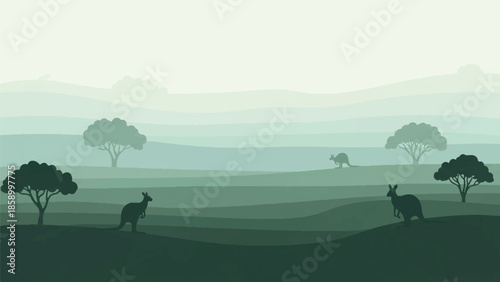 Serene landscape illustration of grazing animals in a misty savannah environment from a distant viewpoint