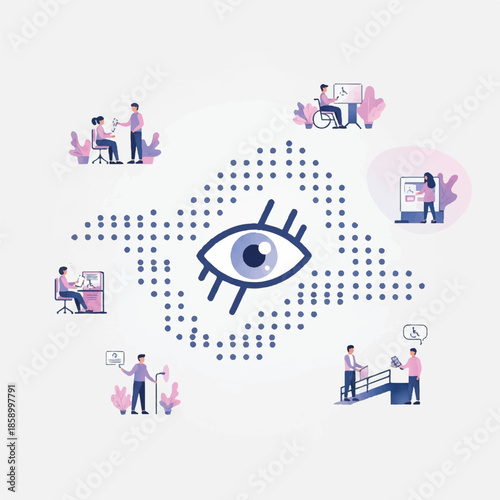 Visionary Network Illustration Featuring People Interacting with Technology and Each Other