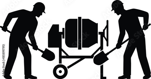 Construction workers mixing concrete with cement mixer, manual labor teamwork, building industry concept, black silhouettes, isolated white background illustration vector