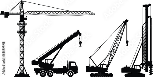 Construction crane silhouettes set including tower crane mobile crane crawler crane drilling rig isolated on white background industrial illustration