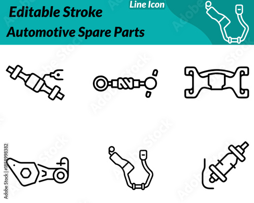 A modern automotive spare parts icon featuring gears wrenches nuts car components tires engine parts. Designed with clean minimal lines to represent vehicle maintenance, repair, automotive supplies.