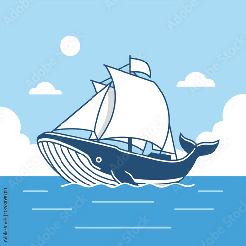 Whaleshaped ship sailing on the ocean with white sails.