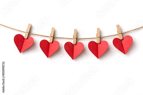Five red paper hearts hanging on string with clothespins against white background