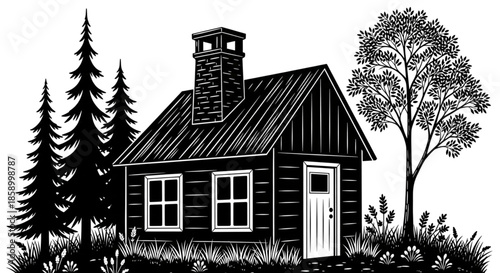 Rustic Forest Cabin Black and White Woodcut Illustration for Wilderness Escape and Outdoor Lifestyle Brands