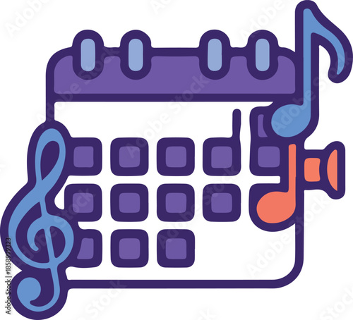 Festival Event Calendar Icon with Music Notes Vector Graphic for Scheduling Concerts and Music Festivals Online