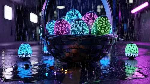Easter Day, Basket overflow, a vibrant display of glowing circuit board eggs illuminates a rainy cyberpunk cityscape, blending tradition with futuristic tech celebration.