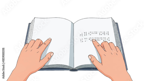 Hands holding an open  braille book with blank pages and pointing to text