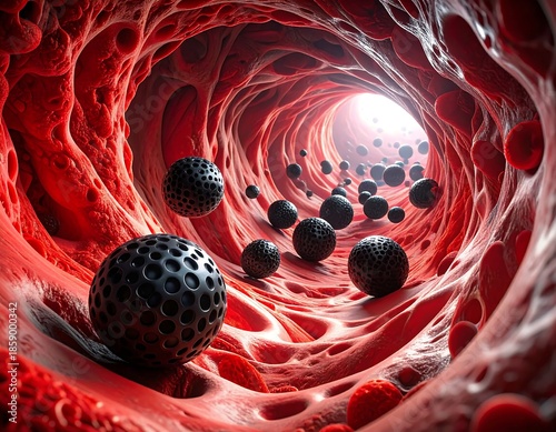 Microscopic view of blood vessel interior, with floating spheres