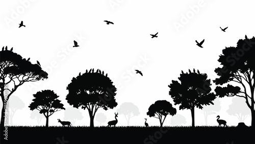 Serene forest landscape with trees, birds, and wildlife in a peaceful environment from a distant viewpoint