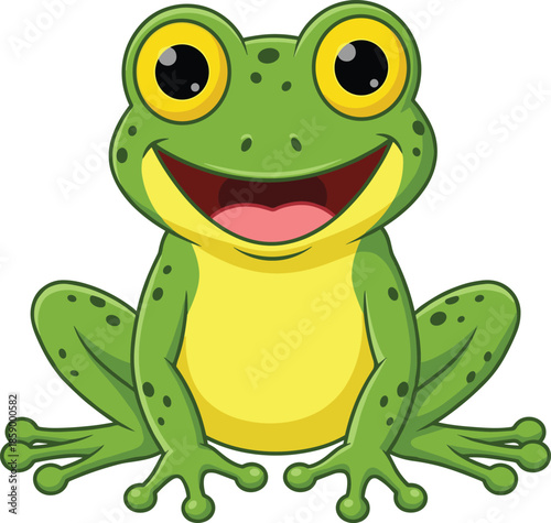Cute cartoon frog illustration, smiling green amphibian character, playful kids mascot design, fun wildlife animal art isolated white background